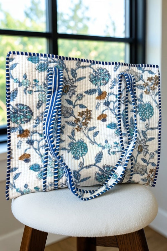 Sasha Blue and White Floral Tote Bag